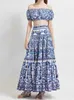 Kvinnors tvådelade byxor Summer Runway Holiday Blue and White Porcelain Print Two Piece Set Women Short Puff Sleeve Strap Elastic Topmaxi kjolar kostym J230717