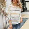 Kvinnors tröjor Kvinnor Luxury Knit Pullovers Fashion Löst temperament Rand Sju minuter Hylsa en hals ihålig tröja blusar