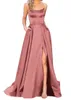 Elegant Long Halter Satin Prom Dresses With Slit A-Line Criss Cross Back Sweep Train Formal Prom Party Gown Galadress Vestidos Women Dresses With Pockets