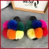 Chinelos Pom Fur Chinelos Feminino Fofo Real Fox Slides ry Cute Raccoon Sandals Lady Flat Ball Flip Flop Rainbow Shoes H1122 Z230717