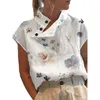 Women's Blouses Women Flower Printed Blouse Fashion Short Sleeve Elegant Imitation Cotton Linen Design Shirt Lady Summer Casual Chic Tunic