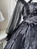 Casual Dresses Lolita Dark Black Midi Asymmetric Dress for Women 2023 Spring Gothic Girl High midje Mesh Långärmad Mid Op Ladies