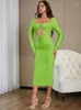 Casual Dresses Sexy V Neck Diamond Button Cut Out Bandage Dress Women Green Long Sleeve Hollow Midi Bodycon Evening Party