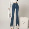 Kvinnors jeans dambyxor 2023 vår sommaren chic kläder frontknapp hög midja denim byxor med split hemsvart/blå casual wears