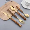 Dinnerware Sets AJOYOUS Stainless Steel Cutlery With Bamboo Handle Kitchen Dinner 16/24Pcs Set Knife Fork Spoon Mirror