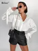 Blouses pour femmes Bclout mode lin lâche blanc élégant à manches longues à lacets bureau montre de sport automne poches solides chemises en coton décontracté