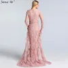 Vestidos de festa decote em bico rosa manga comprida renda vestidos de noite 2023 pérolas lantejoulas sereia formal real po la60982