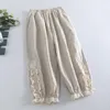 Pantalones de Mujer Sweet Mori Girl cintura elástica encaje flor Bud costura algodón Lino sólido suelto Casual Y2k Haren Pantalones Mujer