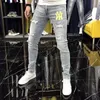 Jeans masculino rasgado verão fino distintivo bordado slim fit elástico versátil perna pequena calças compridas streetwear roupas masculinas