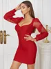 Casual Kleider Elegante Lange Puffärmel Schatz Hals Bodycon Rot Frauen Verband Sexy Spitze Patchwork Runway Abend Mini Party Kleid