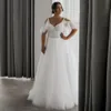 Suknie ślubne z gorsetem w dużych rozmiarach Krótkie rękawy V szyja bez pleców Linia długie suknie ślubne koronkowe aplikacje Top Elegancki boho Beach Tiul Bride Wear 2023