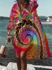 女性用ブラウスハワイアンシャツプリントウェーブビーチカジュアルトップサークル花柄のボタンストリートウェアルーズバケーションファッションショートスリーブ女性