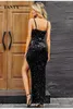 Party Jurken Flexibele Bodycon Vrouwen Avondjurk Zwart Pailletten Bling High Side Split Sexy Lady Vestidos Formele Prom Gown 2023 YSAN309-1