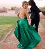 Elegant Long Halter Satin Prom Dresses With Slit A-Line Criss Cross Back Sweep Train Formal Prom Party Gown Galadress Vestidos Women Dresses With Pockets