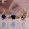 Wedding Jewelry Sets PATAYA 585 Rose Gold Color Women Fashion Set Gift Dark Blue Round Natural Zircon Sunflower Drop Earrings Ring 230717