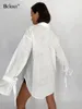 Camicette da donna Bclout Moda Lino Sciolto Bianco Elegante Manica lunga Lace-Up Office Lady Top Autunno Solido Tasche Camicie di cotone Casual