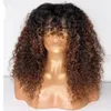 Ombre Kahverengi Sarışın Vurgu Kinky Kıvırcık Peruk Makine Bang ile tam doğal 16inç Yaptı Sıcak ucuz aşınma ve GLULESS WIGS%150 Yoğunluk