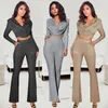 Casual Dresses Europe And The United States Set Of Sexy Ladies Gold Long-sleeved Tops Flared Pants Two-piece Suit