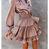 Casual Dresses Elegant Women Autumn Dress Fashion OL Satin V Neck Long Sleeve High Waist Pleated Wrap Party Ruffle Vestidos Plus Size XL