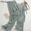 Kvinnors tvådelade byxor Tvådelar Set Casual Pants Suit Female 2022 Summer New Temperament O Neck T-shirt + Hög midja slits breda benbyxor Kvinnor J230717