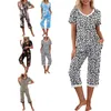 Roupa de dormir feminina conjunto de pijama listrado de duas peças manga curta tops e calças de corrida Lingerie feminina longa