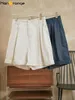 Kvinnors shorts Hanorange 2023 Summer Lazy Pure Linen Curled Women Wide Ben Loose Pants Female Navy Blue/Linen