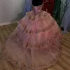 Pink Sparkly Princess Quinceanera Dresses Ball Gown Birthday Gown Gold Applique Lace Tulle Lace-Up Sweet 16 Dresses vestidos de 15