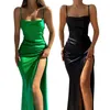 Ethnische Kleidung Damen-Partykleid aus Satin mit tiefem Ausschnitt, ärmellos, mit Schnürung und Hosenträgern, rückenfrei, geteilt