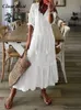 Basic Casual Dresses Summer Cotton White Maxi Dress For Women Casual Hollow Crochet Bohemian Loose Beach Robe Ladies Plus Size Holiday Vestidos 230715