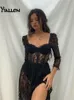 فساتين أساسية غير رسمية Yiallen Y2K Fashion Party Party Party Sexy Black Lace Long Dress Long's Spring Quarter Sleeve Mid-Calf Clubwear 230717