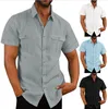 Herr t-shirts bomullslinne män kortärmade skjortor sommar fast färg stand-up coll casual strandstil plus sizeMale skjortor M-5xl 230715