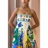 Casual Dresses Fashion Strap High Waist Corset Pleated Long Dress Streetwear Sexy Women Summer Print Vacation