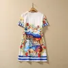 2023 White Floral Print Beaded Cotton Dress Blue Striped Short Sleeve Round Neck Rhinestone Short Casual Dresses S3Q160713