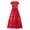 2023 Summer Red Floral Lace Belted Dress Short Sleeve Round Neck Midi Casual Dresses S3Q160713