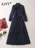 Casual Dresses Zjyt Elegant Dot Print Blue Pleated For Women 2023 Spring Summer Vestidos Designer Vintage Midi Robe Femmes XXL