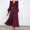 Robes décontractées 2023 rétro femmes robe taille haute col en v longue solide Satin femme pull haut tendance XS-XL