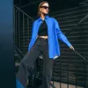 Femmes en cuir automne bleu Pu longues vestes pour femmes Streetwear ample femme vêtements Faux revers manteau haut à manches