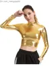 Dames gebreide T-shirts CHSDCSI PU korte top Glanzend leren top voor dames Straat coltrui Dansclubkleding Top met lange mouwen Goud Zilver Kleding T-shirt Z230717