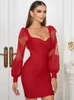 Casual Dresses Elegant Long Puff Sleeve Sweetheart Neck Bodycon Red Women Bandage Sexig Lace Patchwork Runway Evening Mini Party Dress