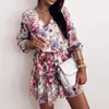 Robes décontractées printemps femmes en mousseline de soie col en V fleur imprimer robe à manches longues courte femme Boho loisirs une ligne fête Vestidos 2023