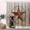 Rideau de douche Texas Star, planche de bois rustique, porte de grange en fer à cheval, décor de salle de bain Vintage, ensemble de bain en tissu