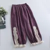 Pantalones de Mujer Sweet Mori Girl cintura elástica encaje flor Bud costura algodón Lino sólido suelto Casual Y2k Haren Pantalones Mujer