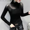 Women's Knits Tees 2023 Spring/Summer New Women's Top Fashion Casual Turtle Neck Long Sleeve Hollow Hot Diamond Mesh T-shirt M-3XL Z230717