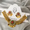 Wedding Jewelry Sets India Luxury Golden Necklace Earrings Set For Women Vintage Round Colorful Gemstone Beaded Pendant Hollow Pattern Jewellry 230717