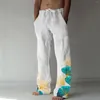 Pantaloni da uomo in cotone e lino per uomo con stampa a foglia, casual, larghi, larghi, stile hippy, retrò, classici, leggeri, da yoga