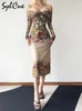 캐주얼 드레스 Sylcue 여름 저녁 파티 꽃 디자인 지각 우아한 성숙한 매력 자신감있는 섹시한 여자 어깨 긴 슬리브 드레스