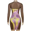 Casual Dresses Wuhe 3D Body Printed Patchwork Långärmad BodyCon Mini Dress 2023 Summer Women Hollow Out Sexy Club Party Evening