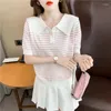 Pulls pour femmes Style Preppy doux haut pour femme été 2023 mode rayé col marin à manches courtes pull bouton lâche tricot vêtements dame