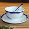 Ciotole 3 pz/lotto Jingdezhen Blu E Bianco Porcellana Set Da Tavola Vintage Ceramica Cinese Ramen Ciotola di Riso Piatto da Pranzo Cucchiaio Sottosmalto