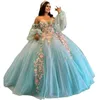 Glitter Sweetheart Floral Quinceanera Sukienki z długimi rękawami Back Bow Różowe kwiaty 3D Aplikacje Princess Prom Party Ball suknia Słodka 15 16 Sukienka dla dziewcząt
